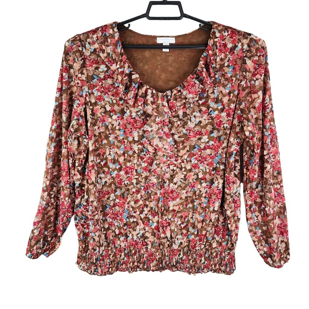 Women's Charter Club Woman Floral Ruffle Blouse Top Brown/Pink/Blue Size 1X